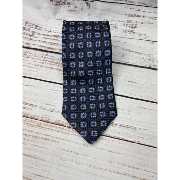 Ermenegildo Zegna Silk Tie Blue Brown Jacquard Geometric Medallion Made In Italy - Picture 1 of 4